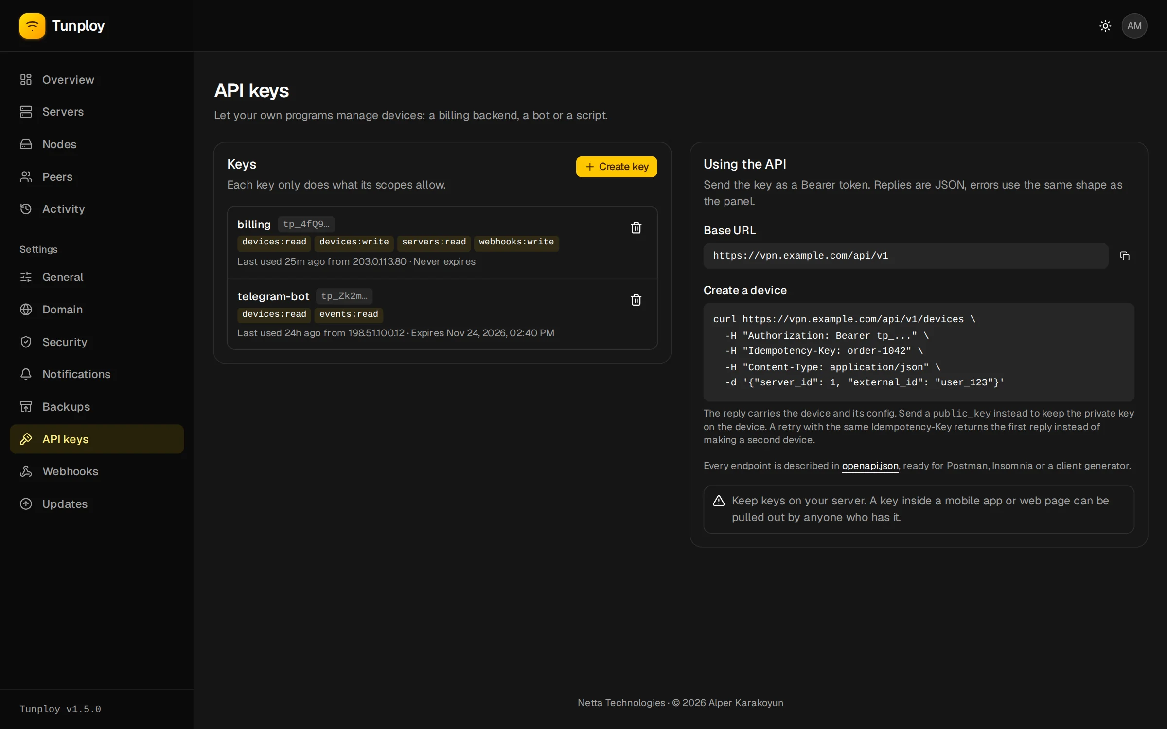 Settings → API keys with two scoped keys