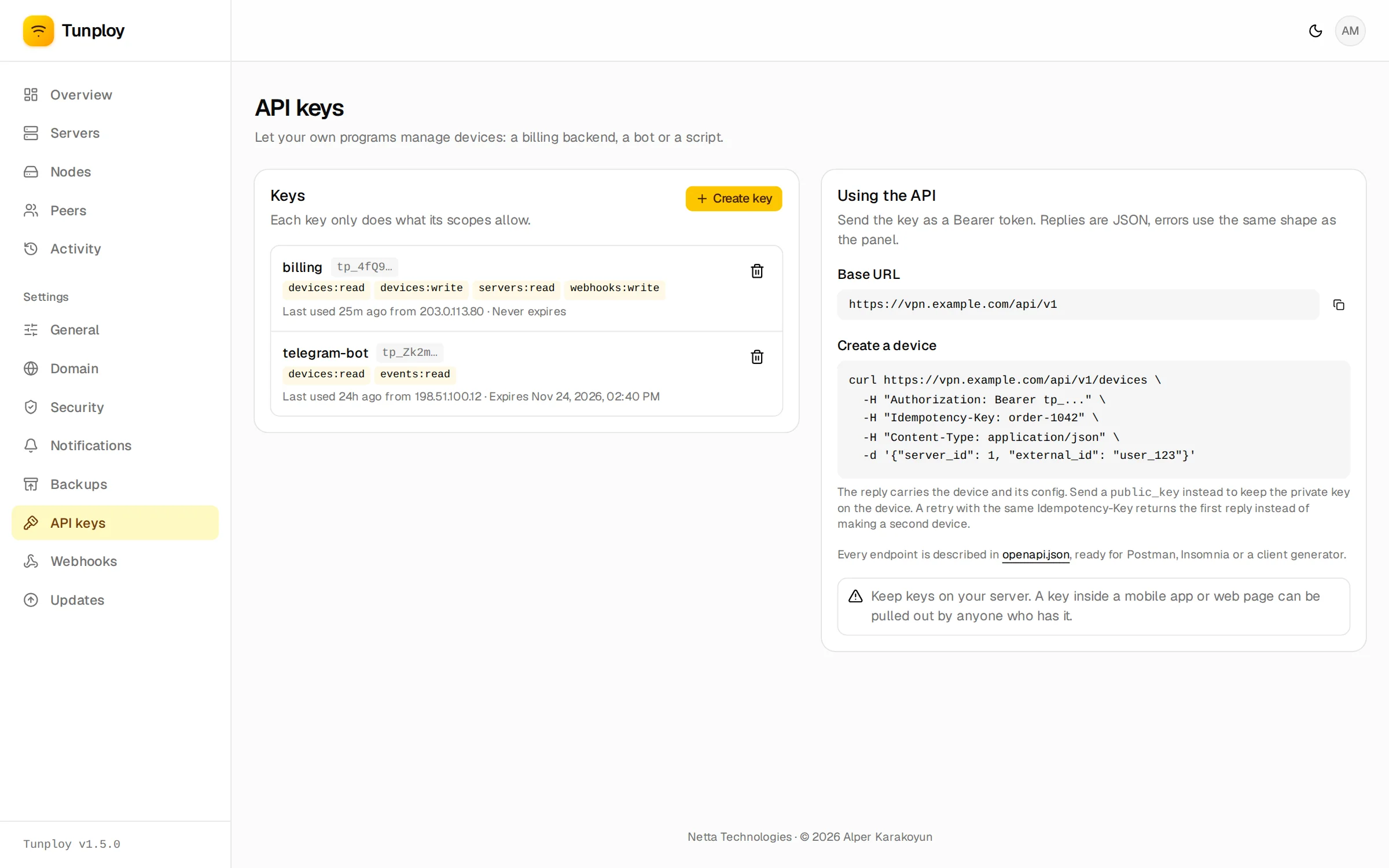 Settings → API keys with two scoped keys