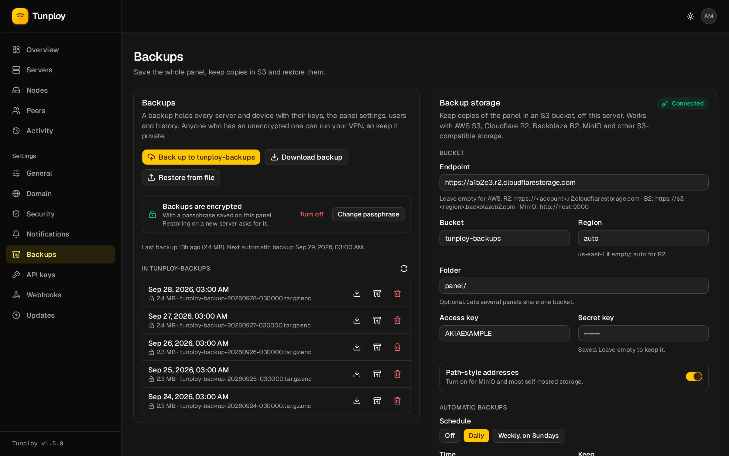 Settings → Backups with an S3 bucket connected and daily encrypted backups