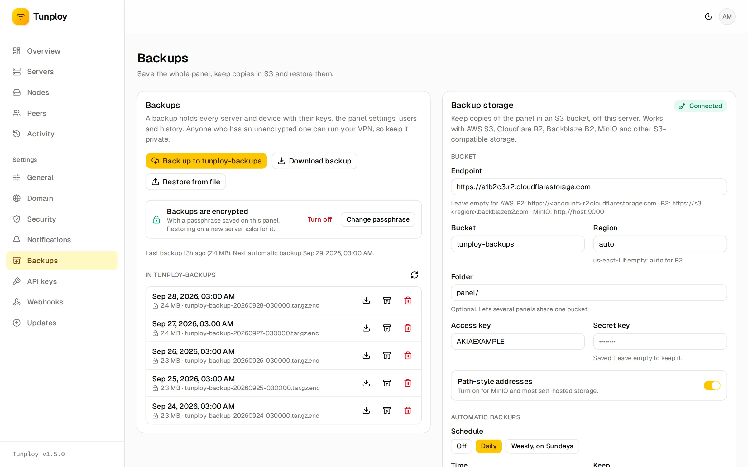 Settings → Backups with an S3 bucket connected and daily encrypted backups