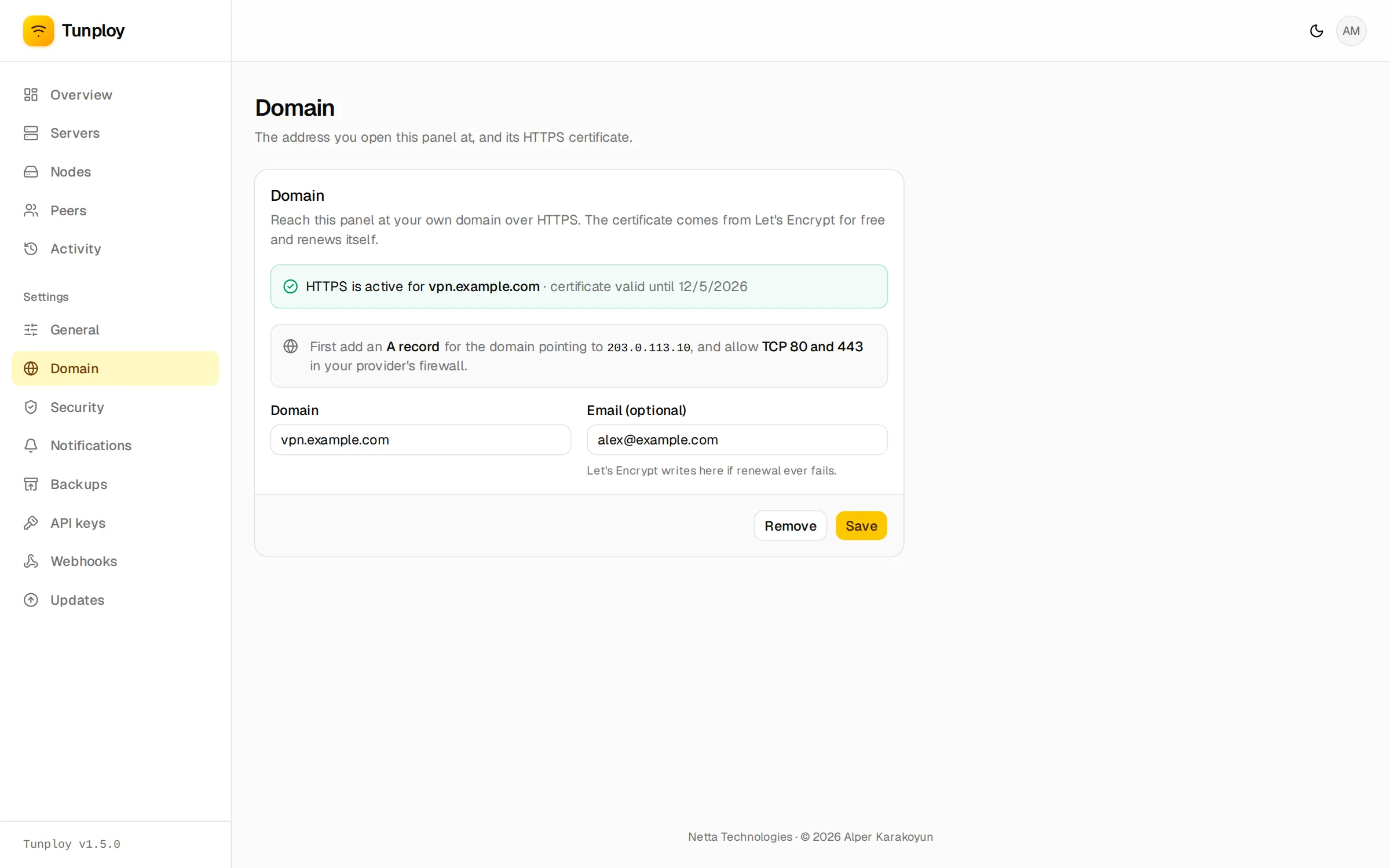 Settings → Domain with HTTPS active