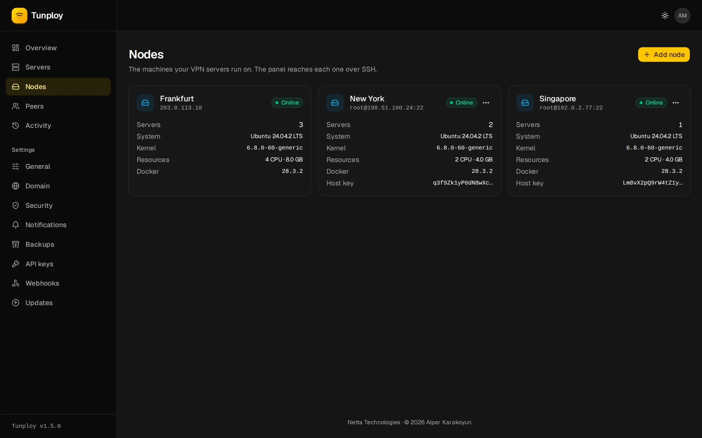The Nodes page with Frankfurt, New York and Singapore online