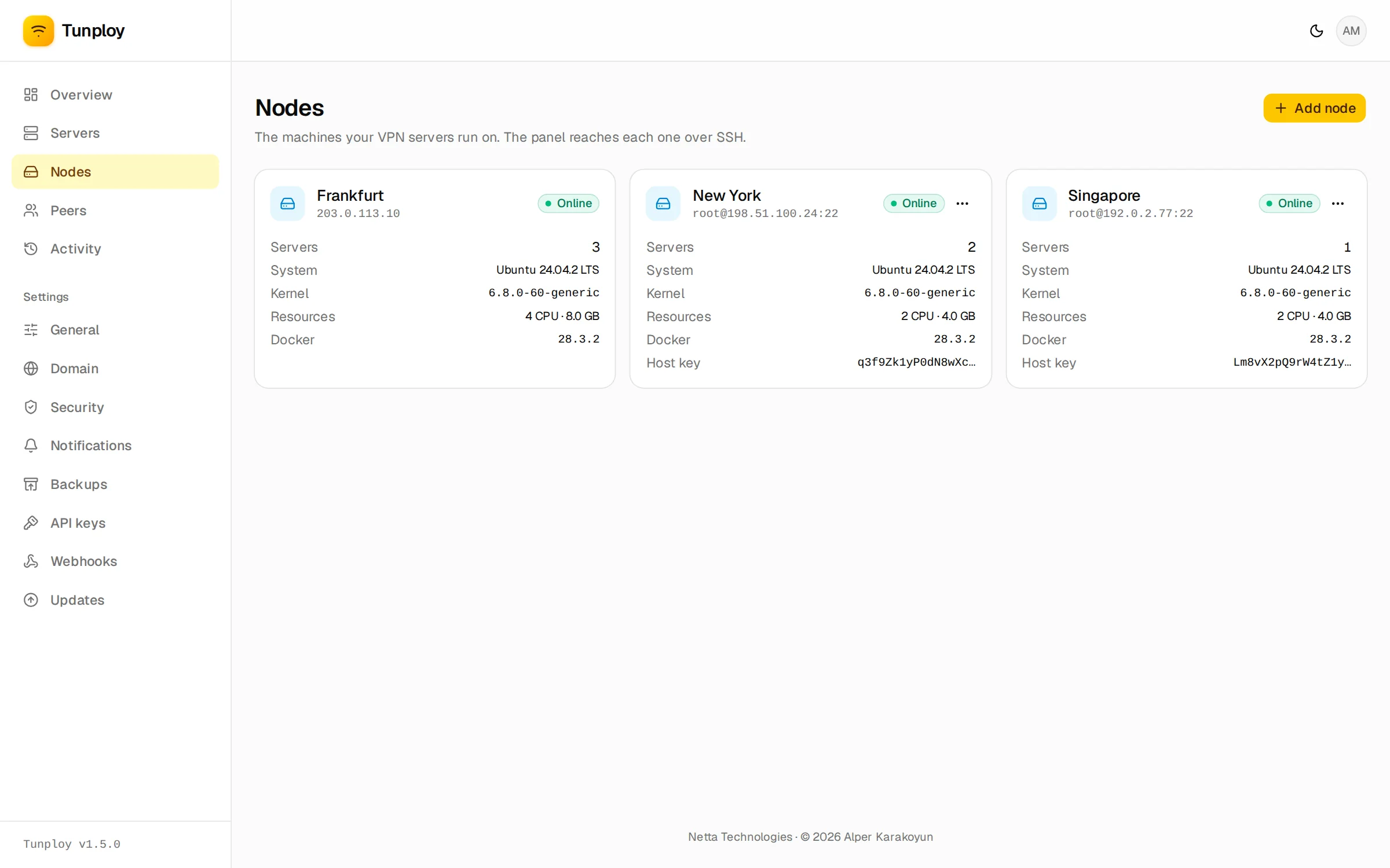 The Nodes page with Frankfurt, New York and Singapore online