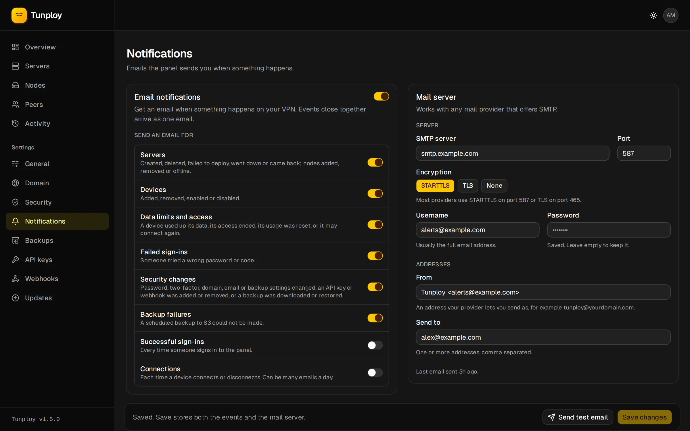 Settings → Notifications with an SMTP account and chosen events