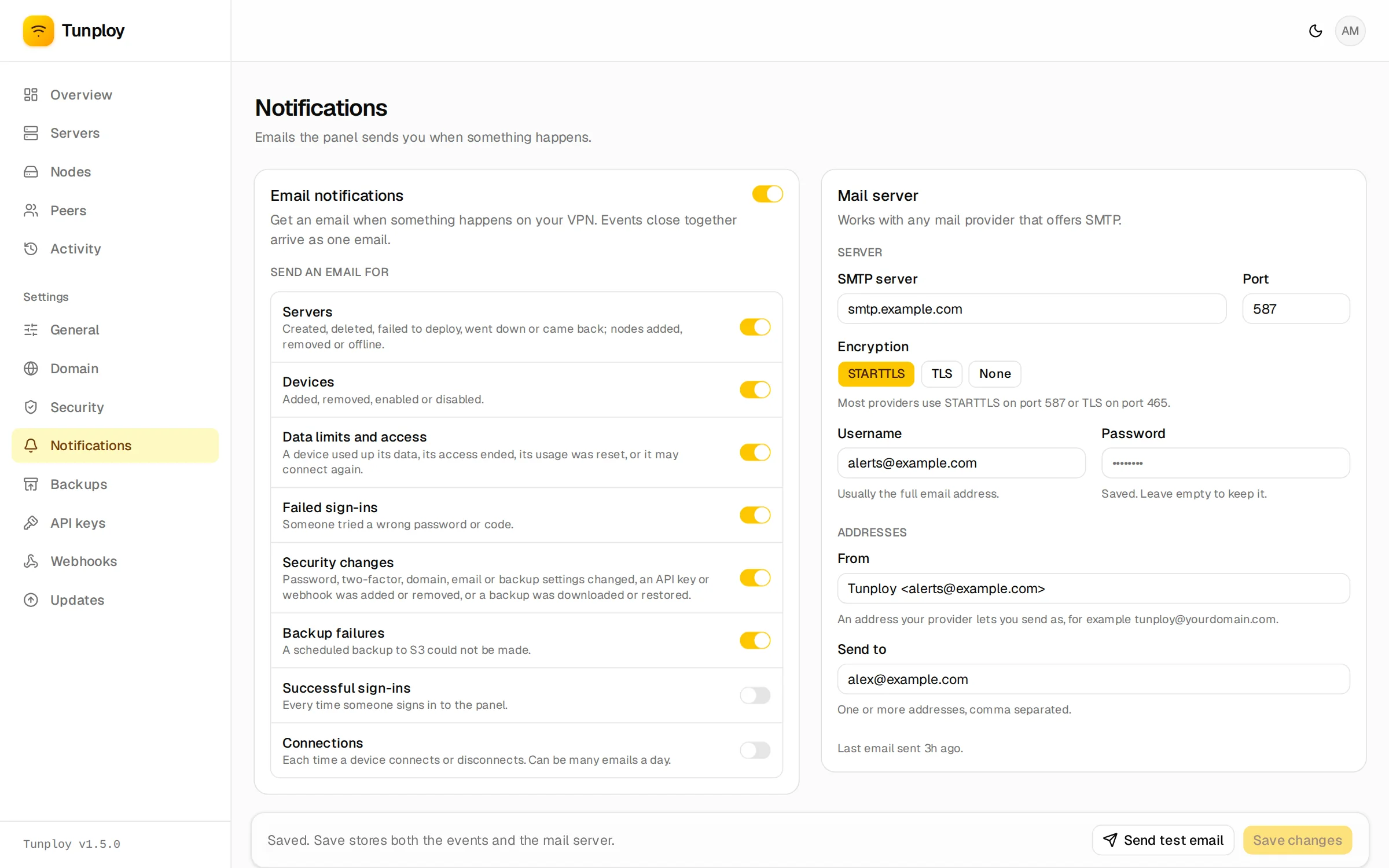 Settings → Notifications with an SMTP account and chosen events