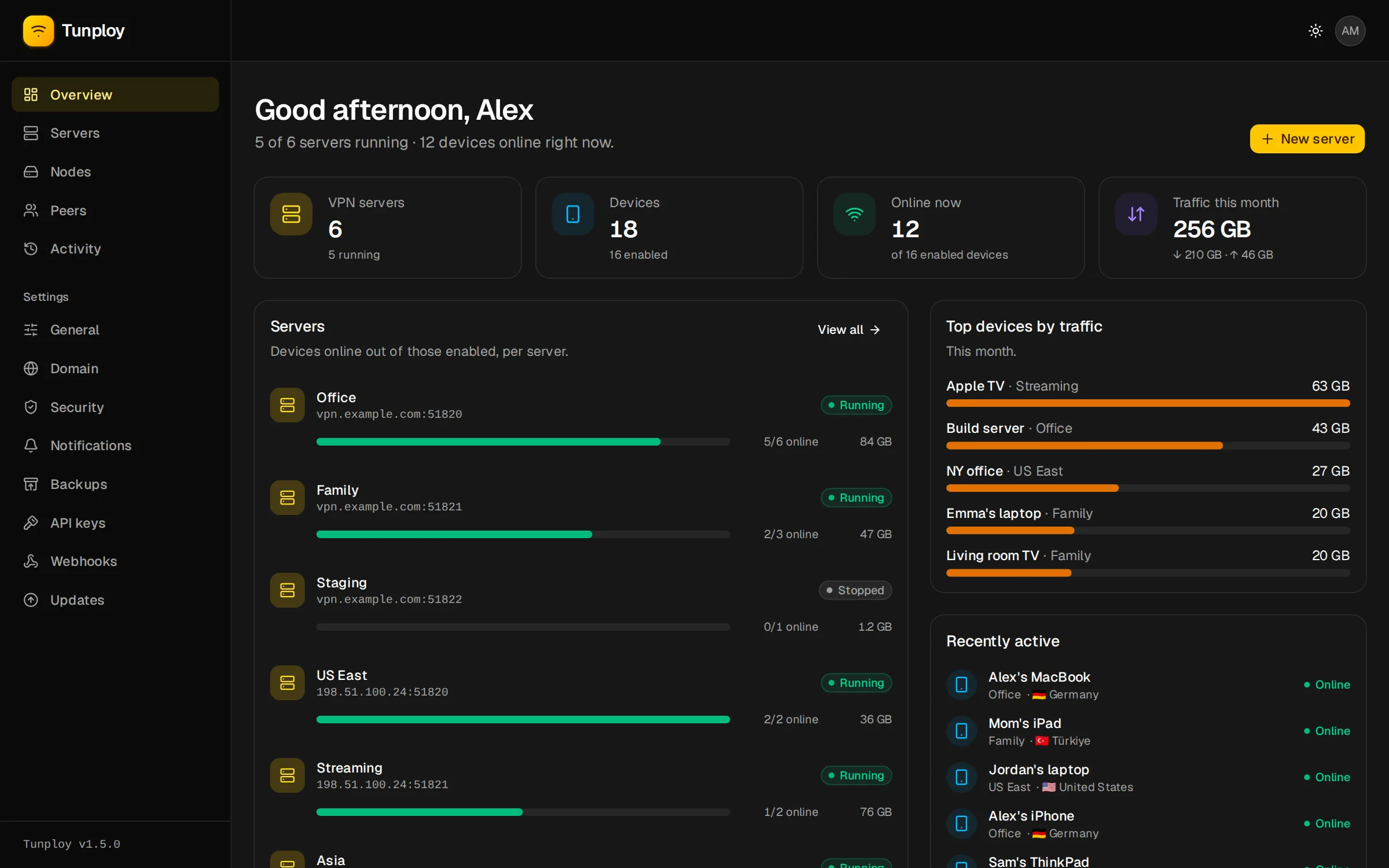 The Tunploy overview: six VPN servers, eighteen devices, twelve online and this month's traffic
