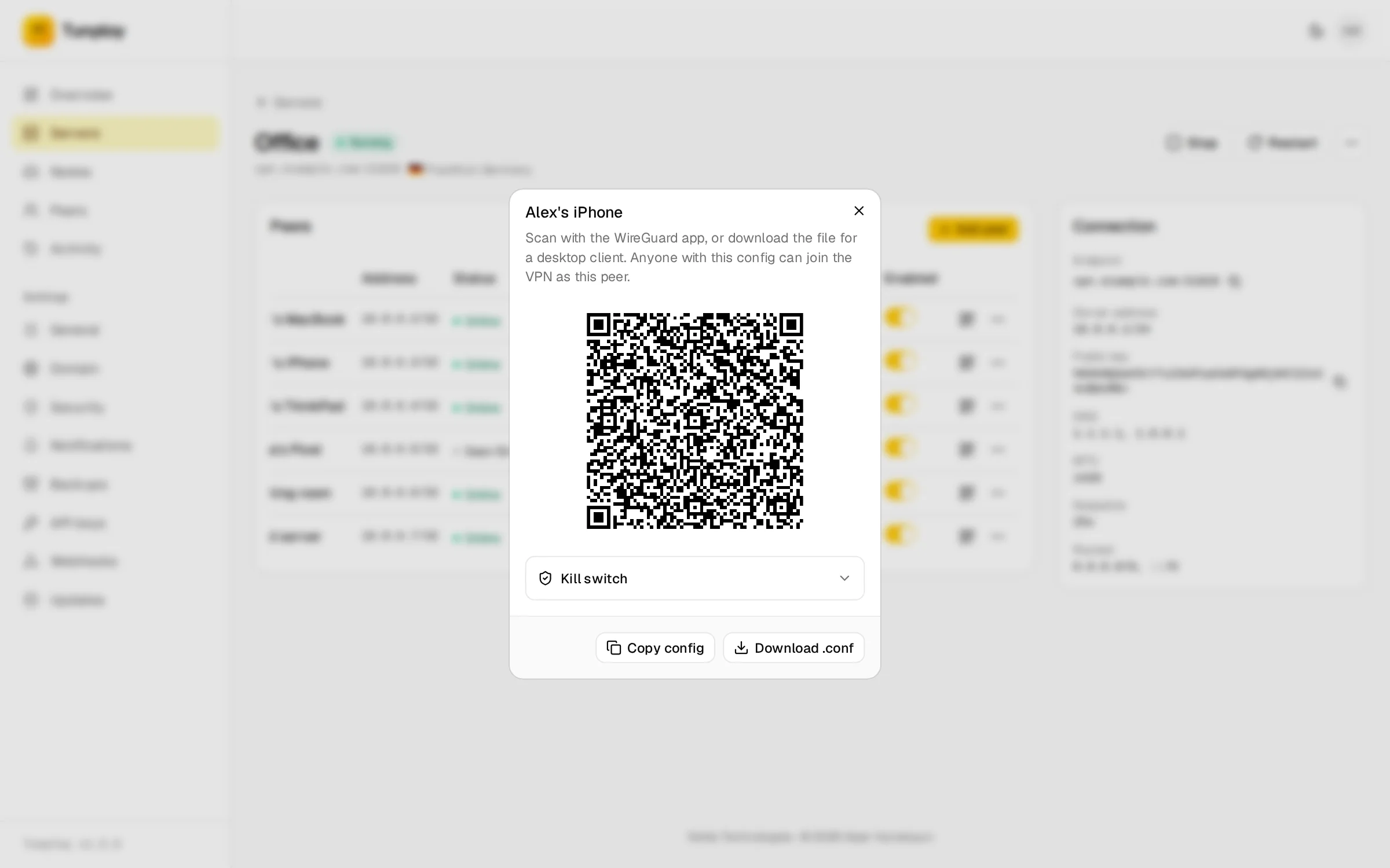 A QR code for a device, ready to scan with the WireGuard app