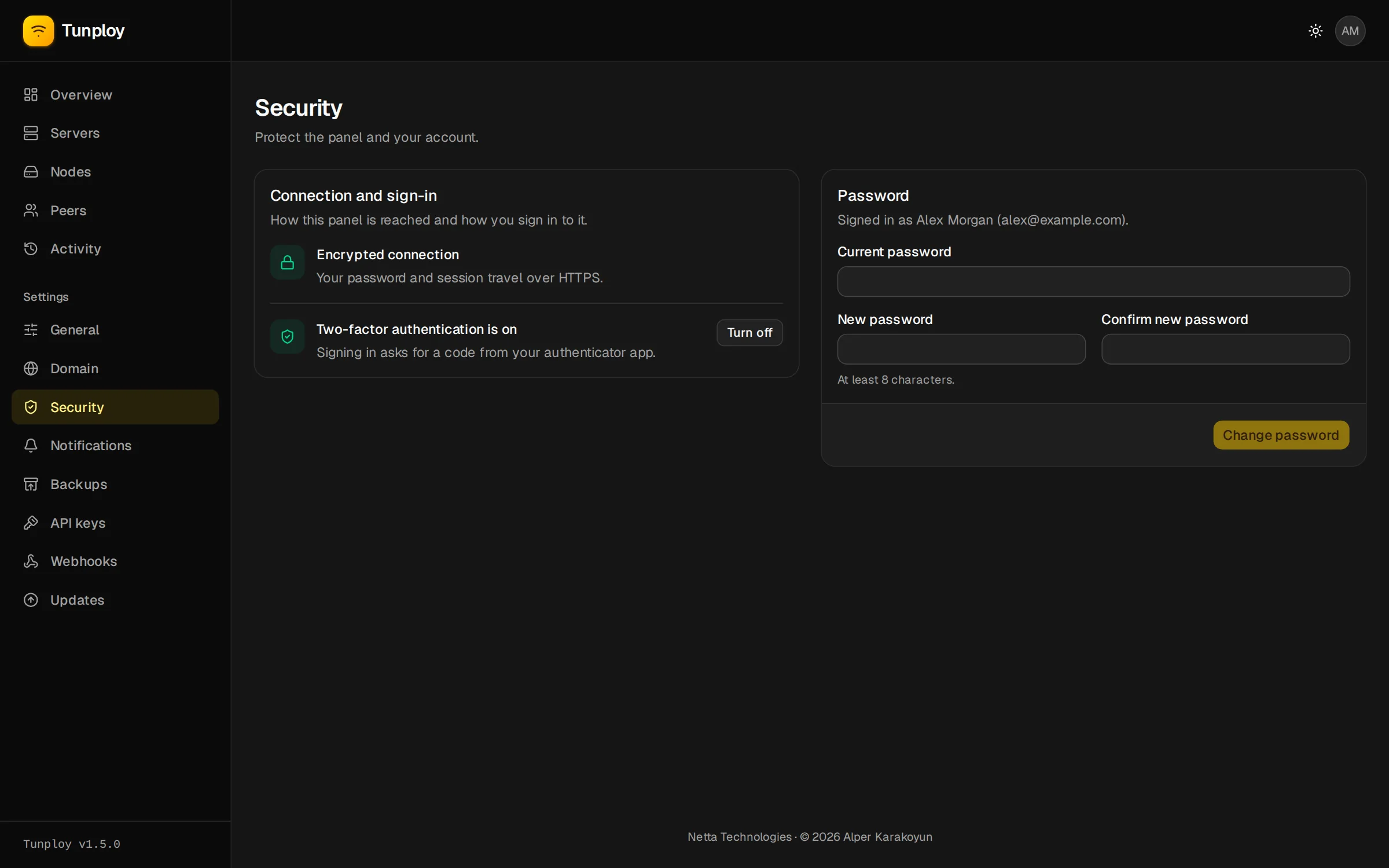 Settings → Security with two-factor authentication
