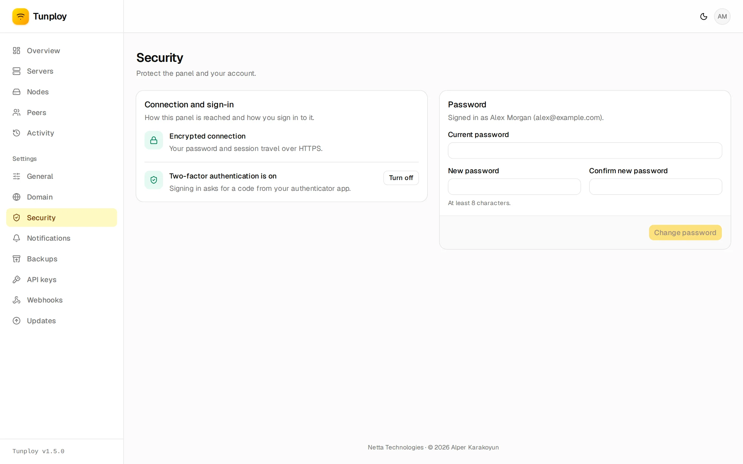 Settings → Security with two-factor authentication