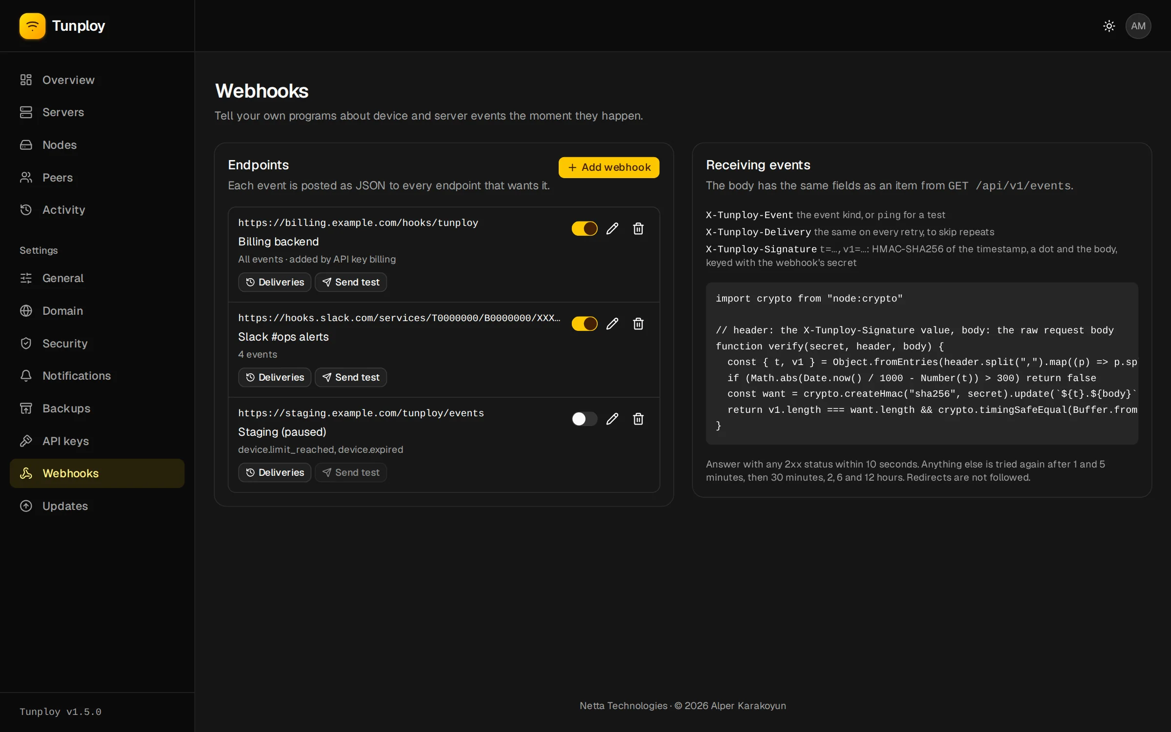 Settings → Webhooks with three endpoints and the signature check