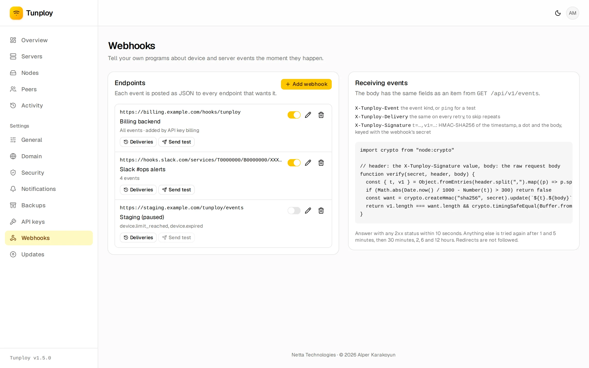 Settings → Webhooks with three endpoints and the signature check